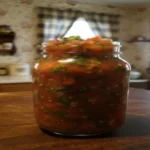 Fresh homemade Pico De Gallo salsa in a glass jar on a wooden table