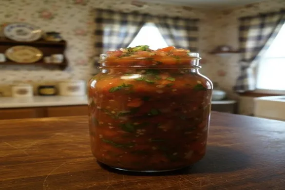 Fresh homemade Pico De Gallo salsa in a glass jar on a wooden table