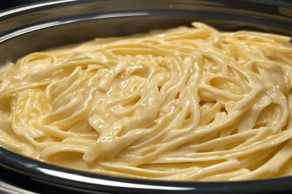 Slow Cooker Creamy Alfredo Pasta served in a bowl with parsley garnish
