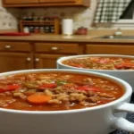 Bowl of bell pepper and beef soup with rice and cheese topping.