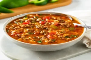 Bowl of delicious stuffed pepper soup with beef, rice, and vegetables.