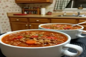 Bowl of bell pepper and beef soup with rice and cheese topping.