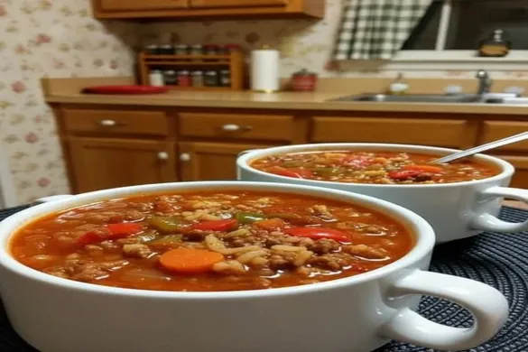 Bowl of bell pepper and beef soup with rice and cheese topping.
